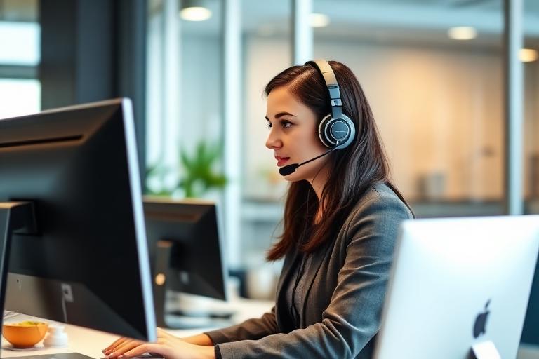 Customer service agent at desk with headset